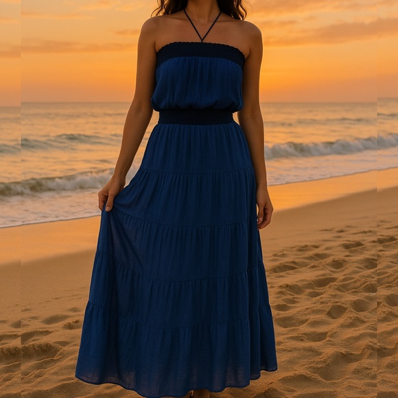 T-Bags Los Angeles Navy Maxi Dress Strapless Halter Long Floor Length Tiered - Picture 1 of 12